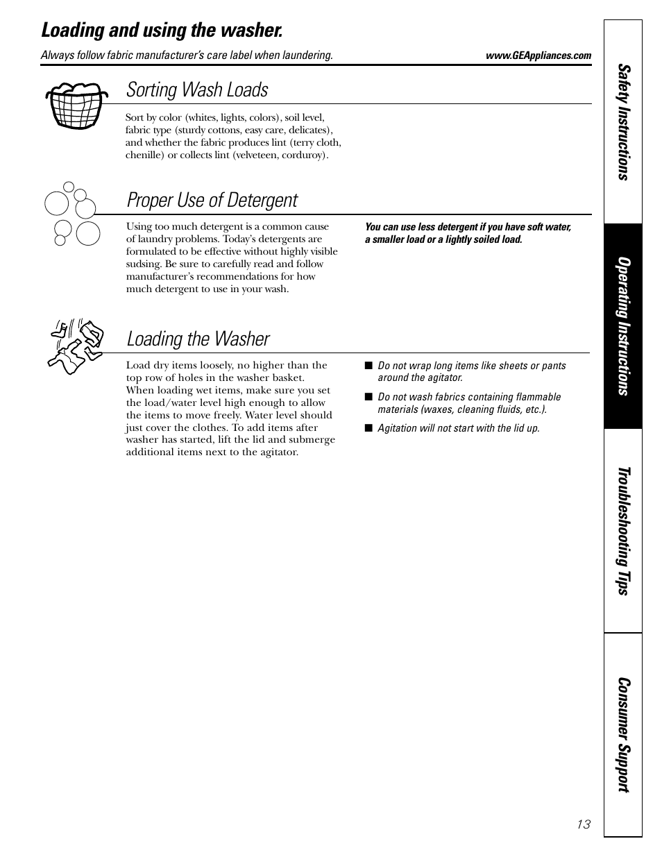 Loading and using the washer, Loading and using the washer , 14, Sorting wash loads proper use of detergent | Loading the washer | GE WPRB9220 User Manual | Page 13 / 20