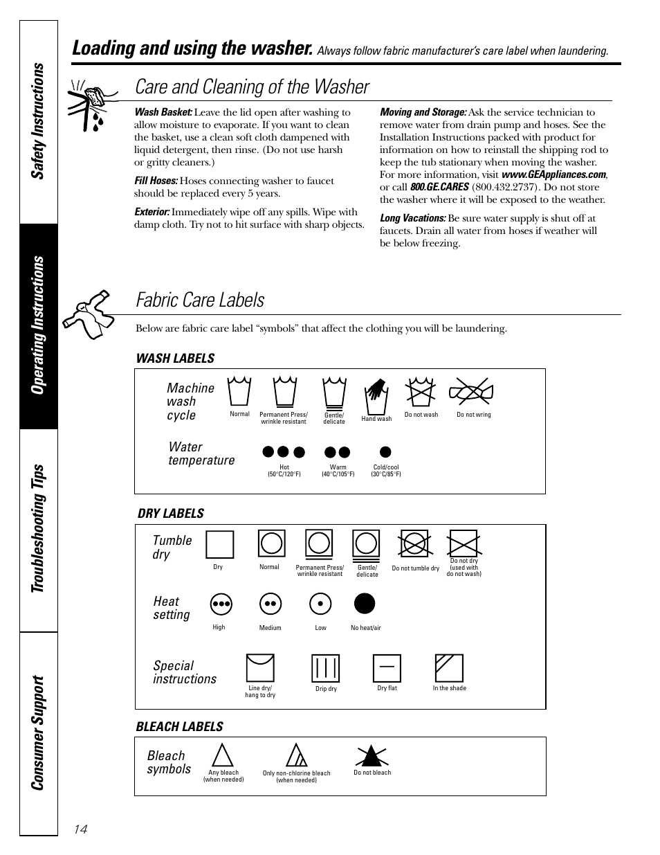 Loading and using the washer, Fabric care labels, Care and cleaning of the washer | Machine wash cycle, Water temperature, Tumble dry, Heat setting, Special instructions, Bleach symbols, Wash labels dry labels bleach labels | GE WPRB9220 User Manual | Page 14 / 20