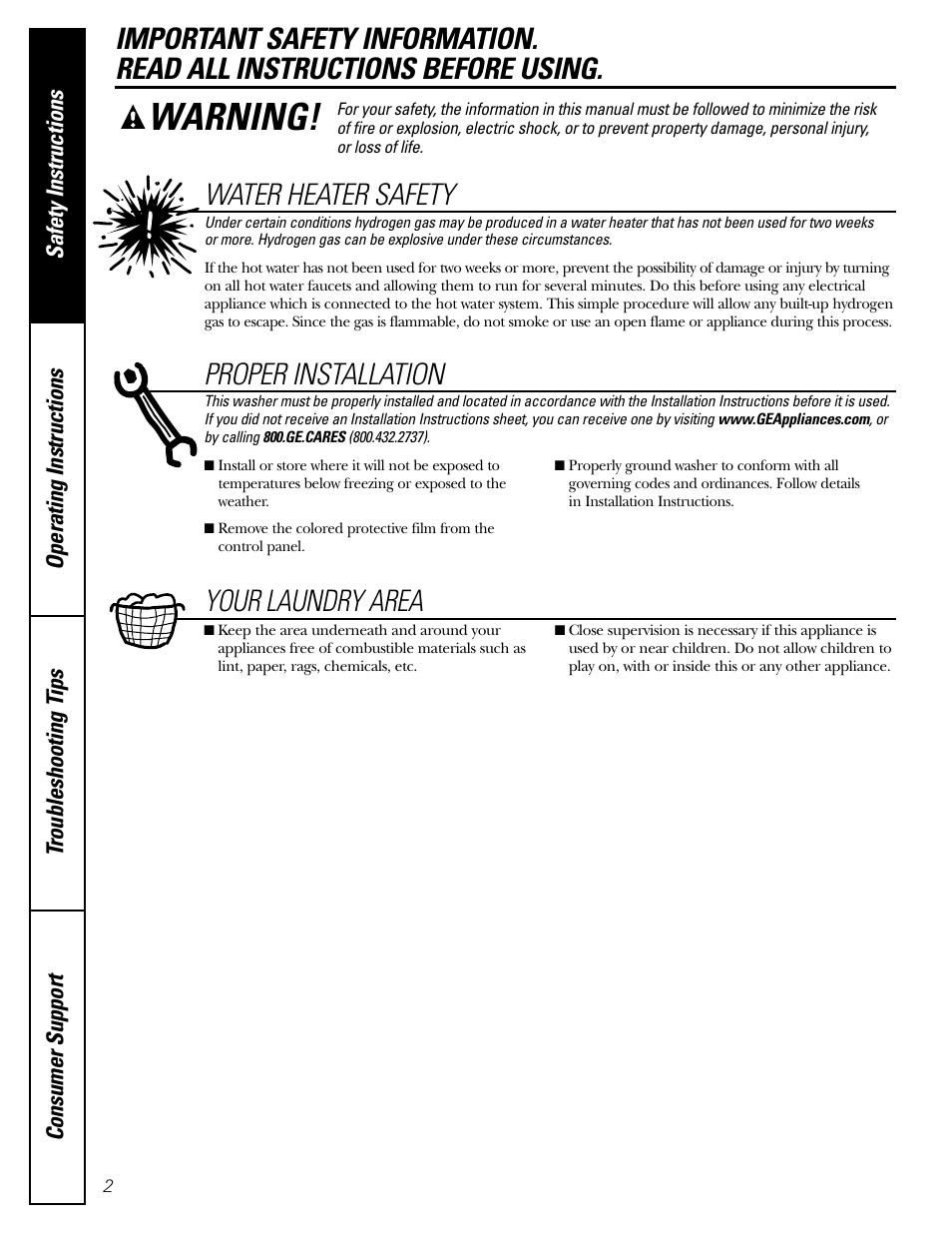 Safety instructions, Warning, Water heater safety | Proper installation, Your laundry area | GE WPRB9220 User Manual | Page 2 / 20