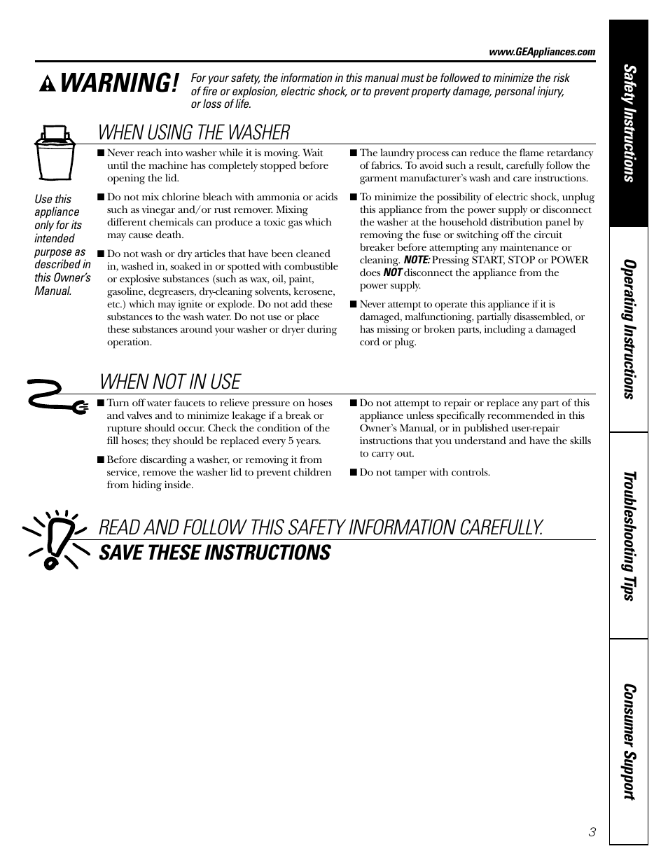 Warning, When using the washer | GE WPRB9220 User Manual | Page 3 / 20
