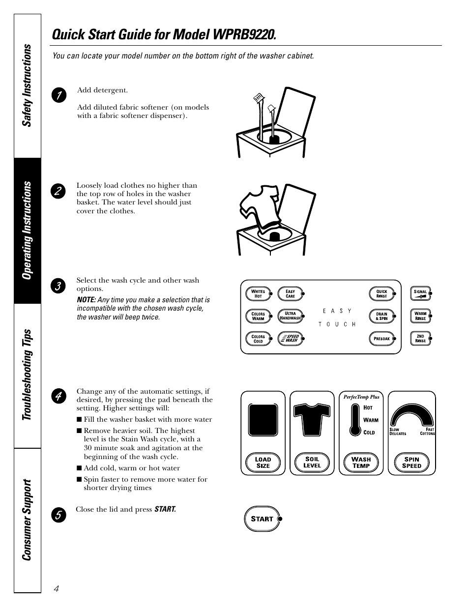 Controls, Quick start guides, Controls , 6 | Quick start guides , 6, Quick start guide for model wprb9220 | GE WPRB9220 User Manual | Page 4 / 20