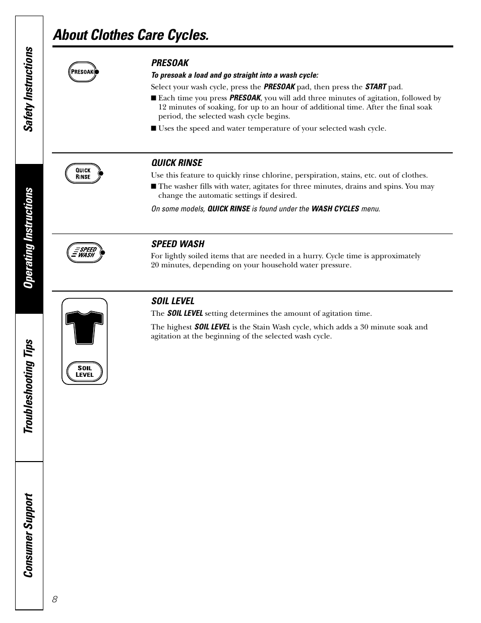 Clothes care cycles, Washer features, Clothes care cycles , 9 | Washer features –12, About clothes care cycles | GE WPRB9220 User Manual | Page 8 / 20