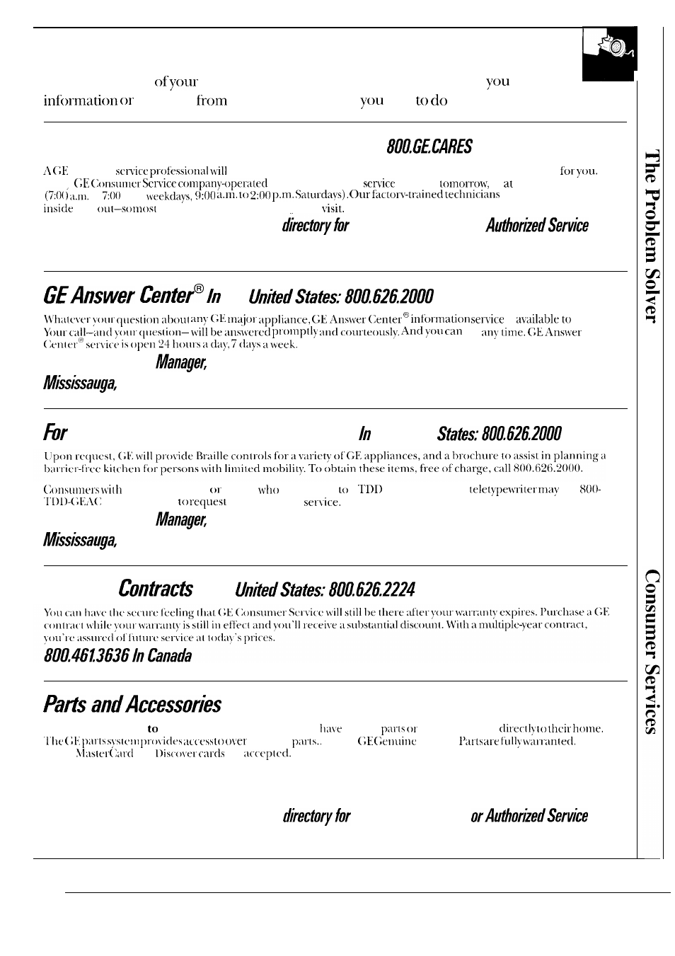 Consumer services, Important phone numbers, We’ll be there | In-home repair service, Customers with special needs, Service, The united | GE JGP331 User Manual | Page 11 / 12