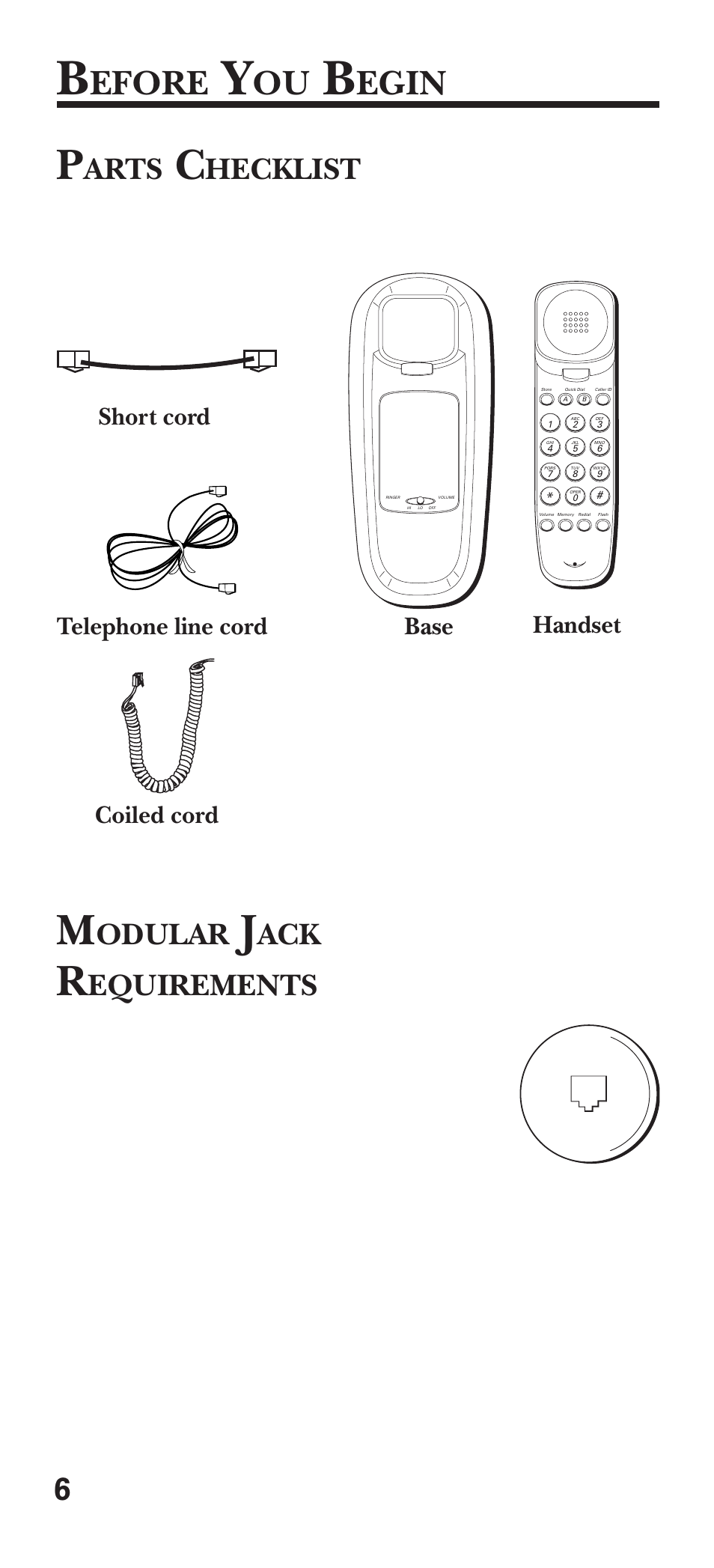 Before you begin, Parts checklist, Modular jack requirements | Efore, Egin, Odular, Equirements, Arts, Hecklist, Handset short cord | GE 15381860 User Manual | Page 6 / 24