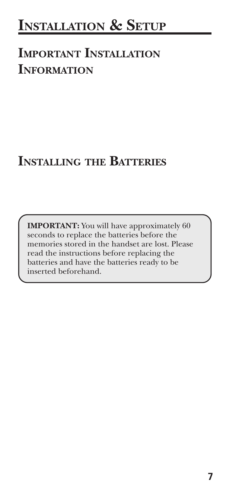 Installation & setup, Important installation information, Installing the batteries | GE 15381860 User Manual | Page 7 / 24