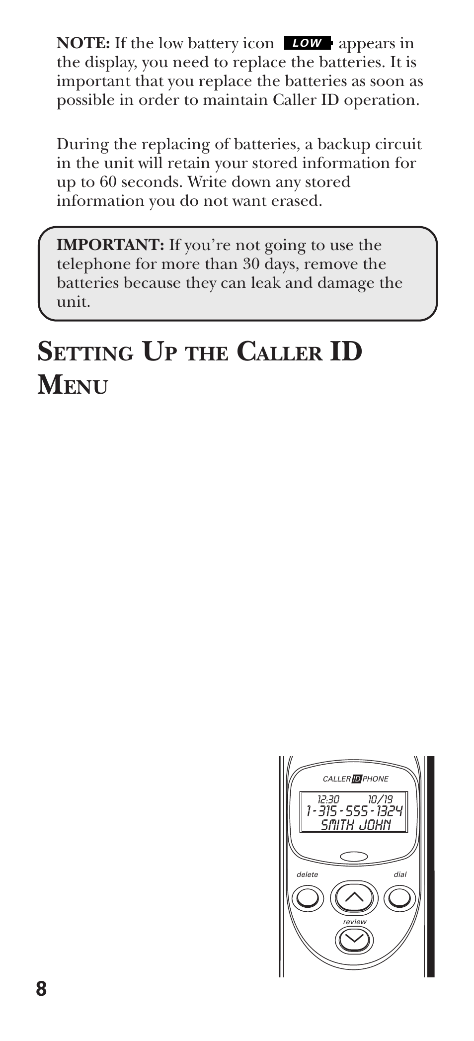 Setting up the caller id menu, Id m, Etting | Aller | GE 15381860 User Manual | Page 8 / 24