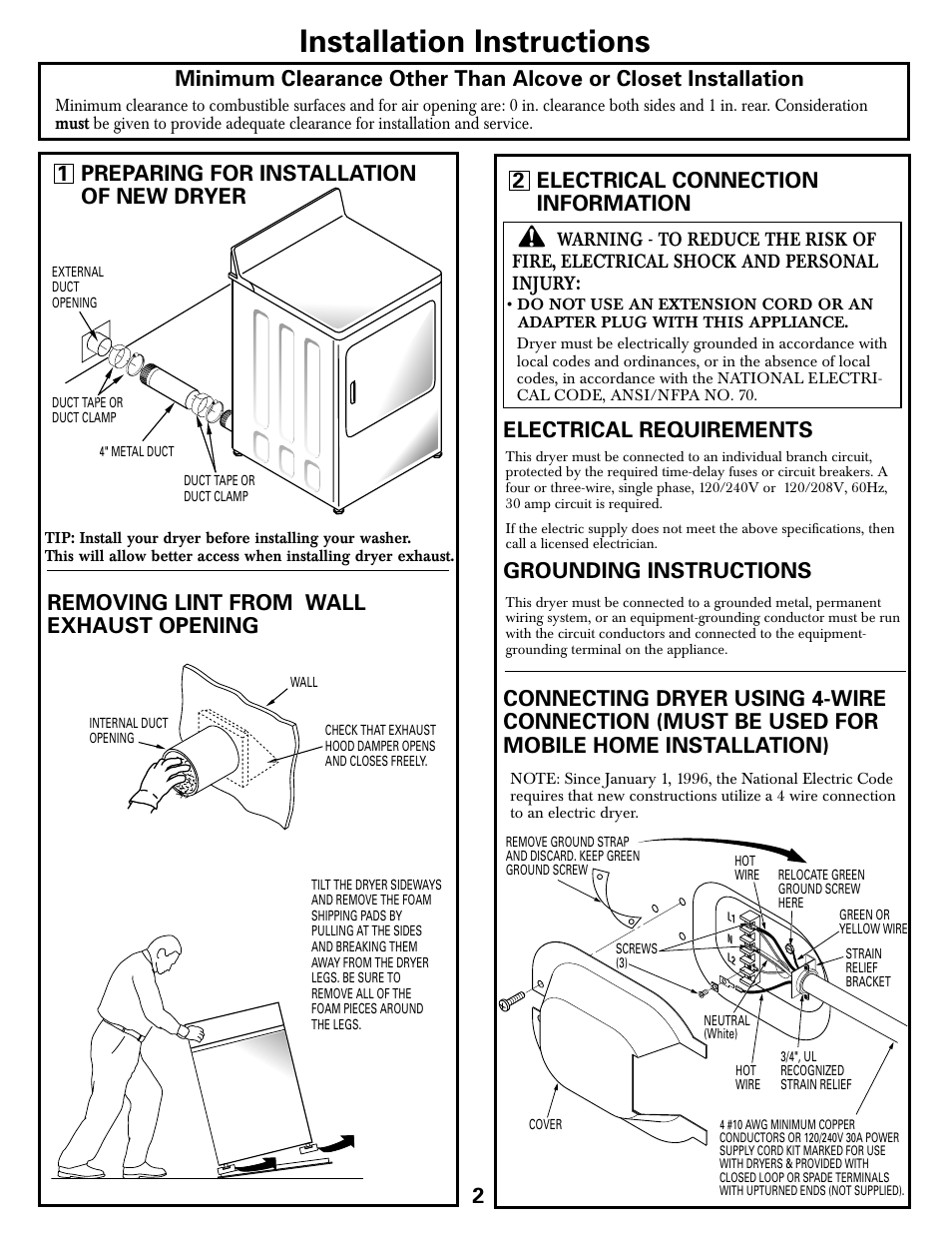 Installation instructions, 2 electrical connection information, Removing lint from wall exhaust opening 2 | Grounding instructions | GE DLSR483EEWW User Manual | Page 2 / 8