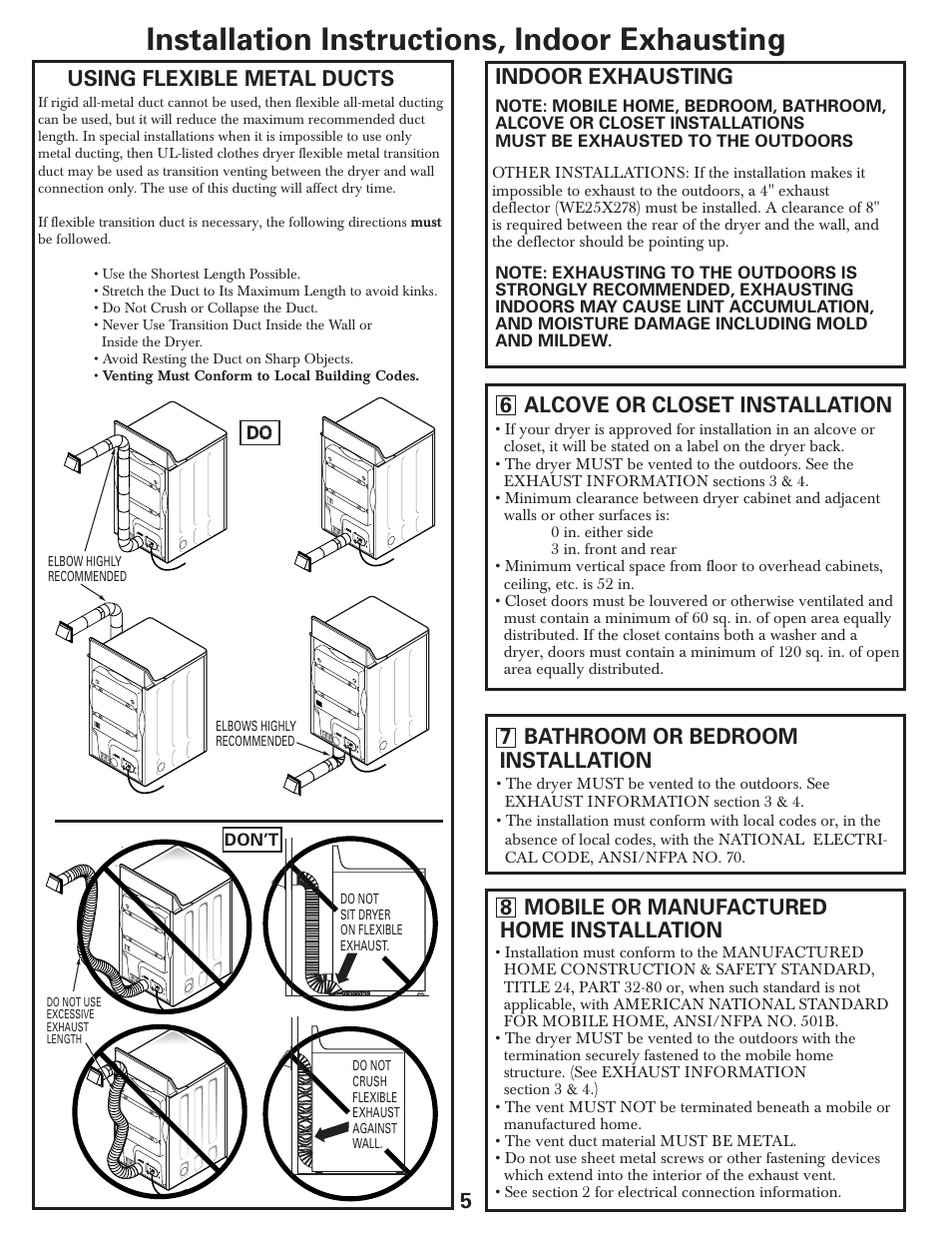 Installation instructions, indoor exhausting, Using flexible metal ducts, Indoor exhausting | GE DLSR483EEWW User Manual | Page 5 / 8