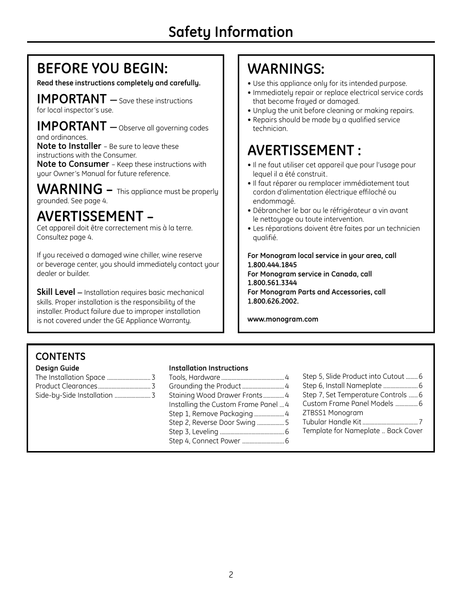 Design guide, Installation instructions, Safety information | Before you begin, Warning, Avertissement, Warnings, Important | GE r10279v User Manual | Page 2 / 8