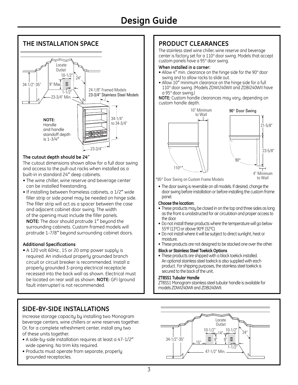 The installation space, Product clearances, Side-by-side installation | Design guide, Side-by-side installations | GE r10279v User Manual | Page 3 / 8