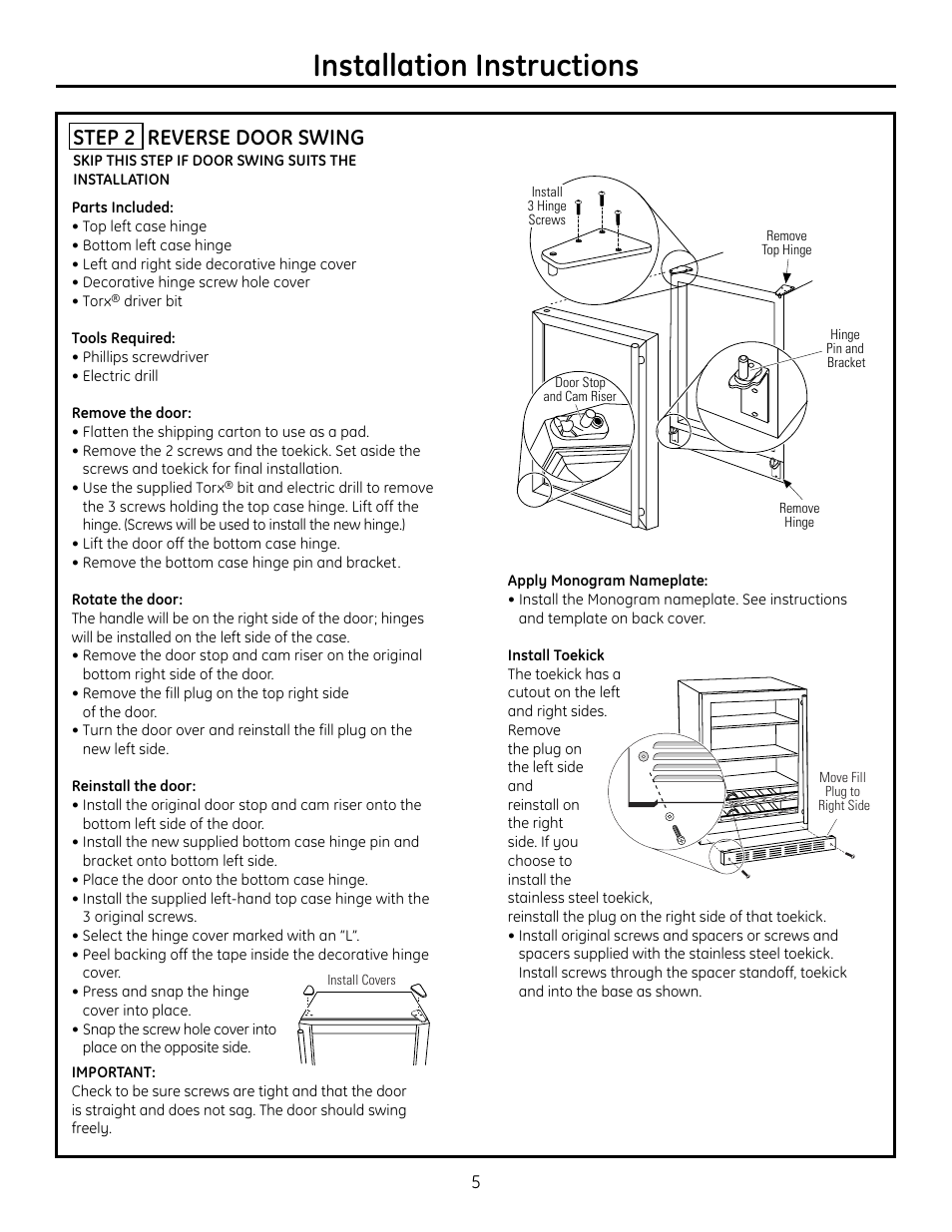 Step 2, reverse door swing, Installation instructions, Step 2 reverse door swing | GE r10279v User Manual | Page 5 / 8