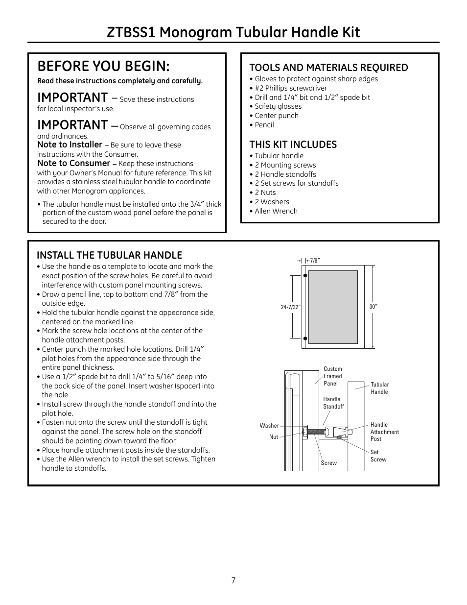 Ztbss1 monogram tubular handle kit, Important, Tools and materials required | This kit includes, Install the tubular handle | GE r10279v User Manual | Page 7 / 8