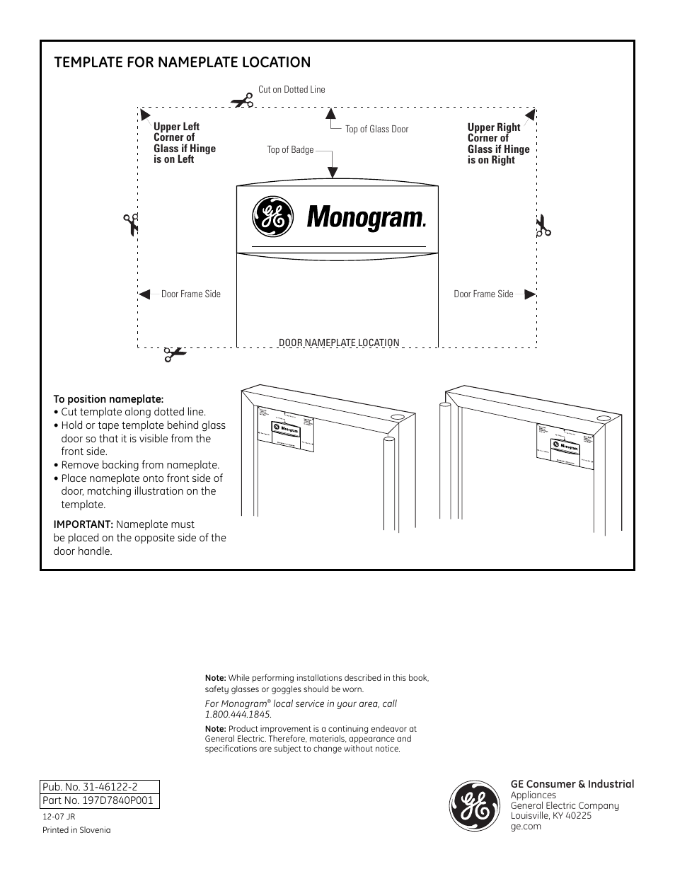 Template for nameplate, Template for nameplate .. back cover, Template for nameplate location | GE r10279v User Manual | Page 8 / 8