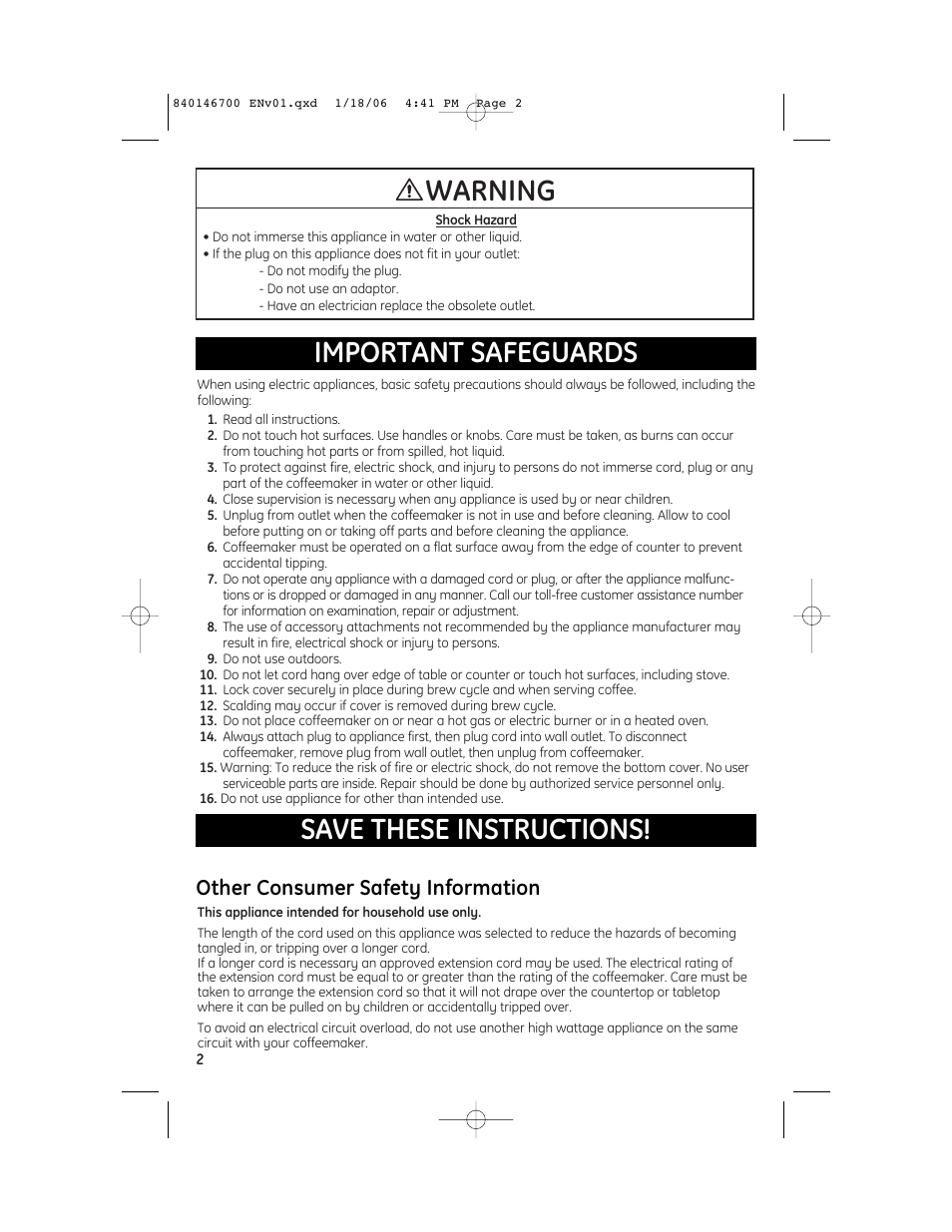 Other consumer safety information | GE 840146700 User Manual | Page 2 / 6