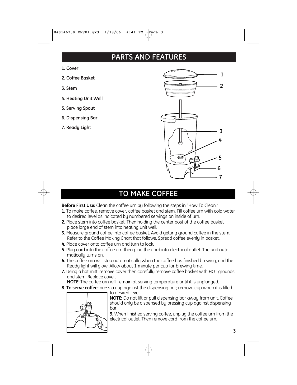 Parts and features to make coffee | GE 840146700 User Manual | Page 3 / 6