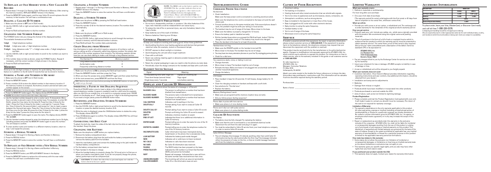 Accessory information, General product care, Display and caller id messages | Troubleshooting guide, Causes of poor reception, Service, Limited warranty, Changing a stored number, Dialing a stored number, Inserting a pause in the dialing sequence | GE 00003191 User Manual | Page 2 / 2