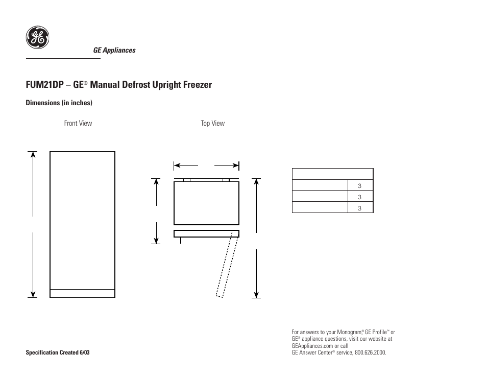 GE FUM21DPRWH User Manual | 2 pages