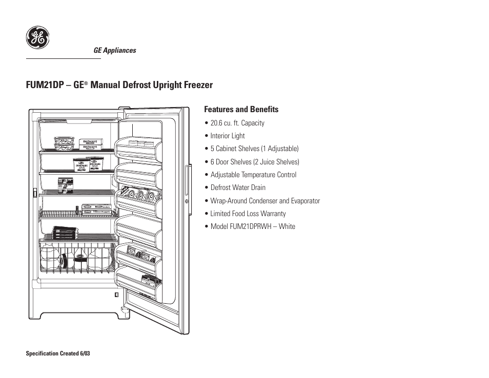 Fum21dp – ge, Manual defrost upright freezer | GE FUM21DPRWH User Manual | Page 2 / 2