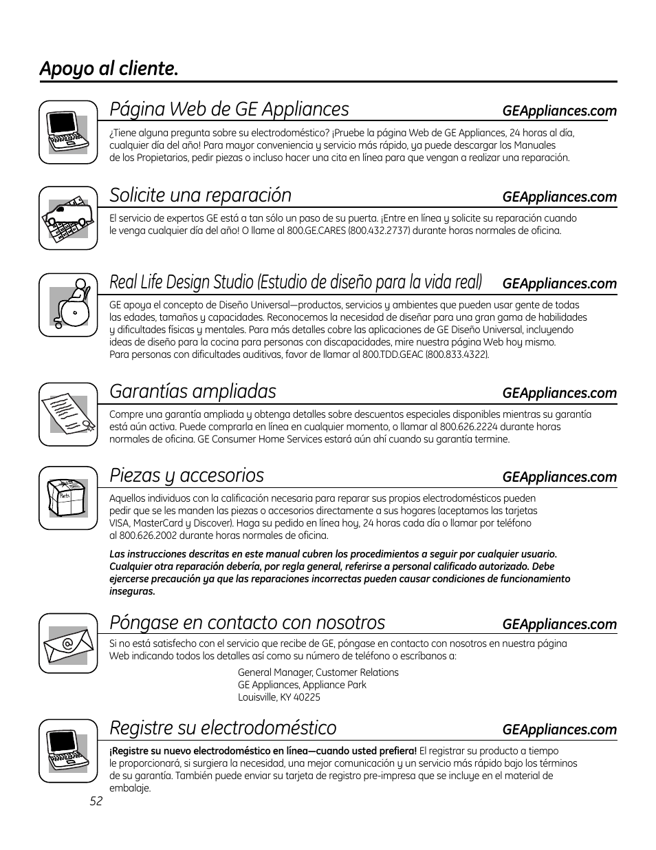 Apoyo al cliente, Página web de ge appliances, Solicite una reparación | Garantías ampliadas, Piezas y accesorios, Póngase en contacto con nosotros, Registre su electrodoméstico | GE 49-80575-1 User Manual | Page 104 / 104