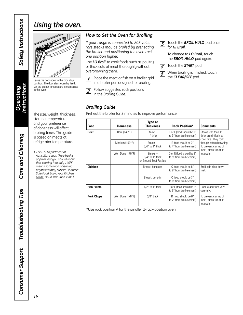 Broiling, broiling guide, Using the oven, How to set the oven for broiling | Broiling guide | GE 49-80575-1 User Manual | Page 18 / 104