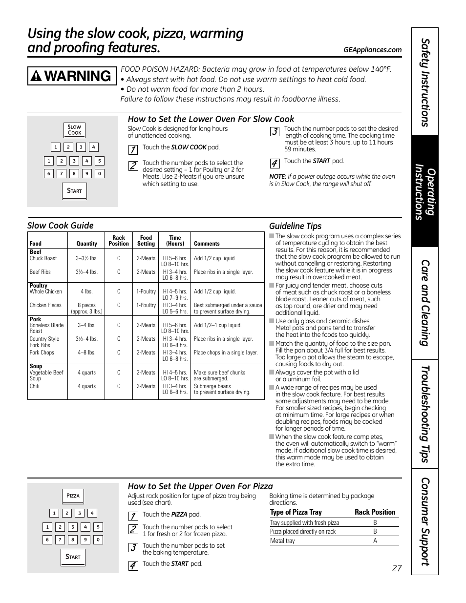 Slow cook, warming and proofing features, Slow cook, warming and proofing features , 28, Warning | How to set the lower oven for slow cook, How to set the upper oven for pizza, Slow cook guide guideline tips | GE 49-80575-1 User Manual | Page 27 / 104