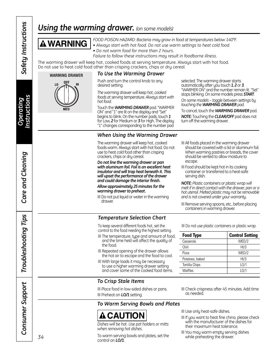 Warming drawer, Using the warming drawer, Warning caution | GE 49-80575-1 User Manual | Page 34 / 104