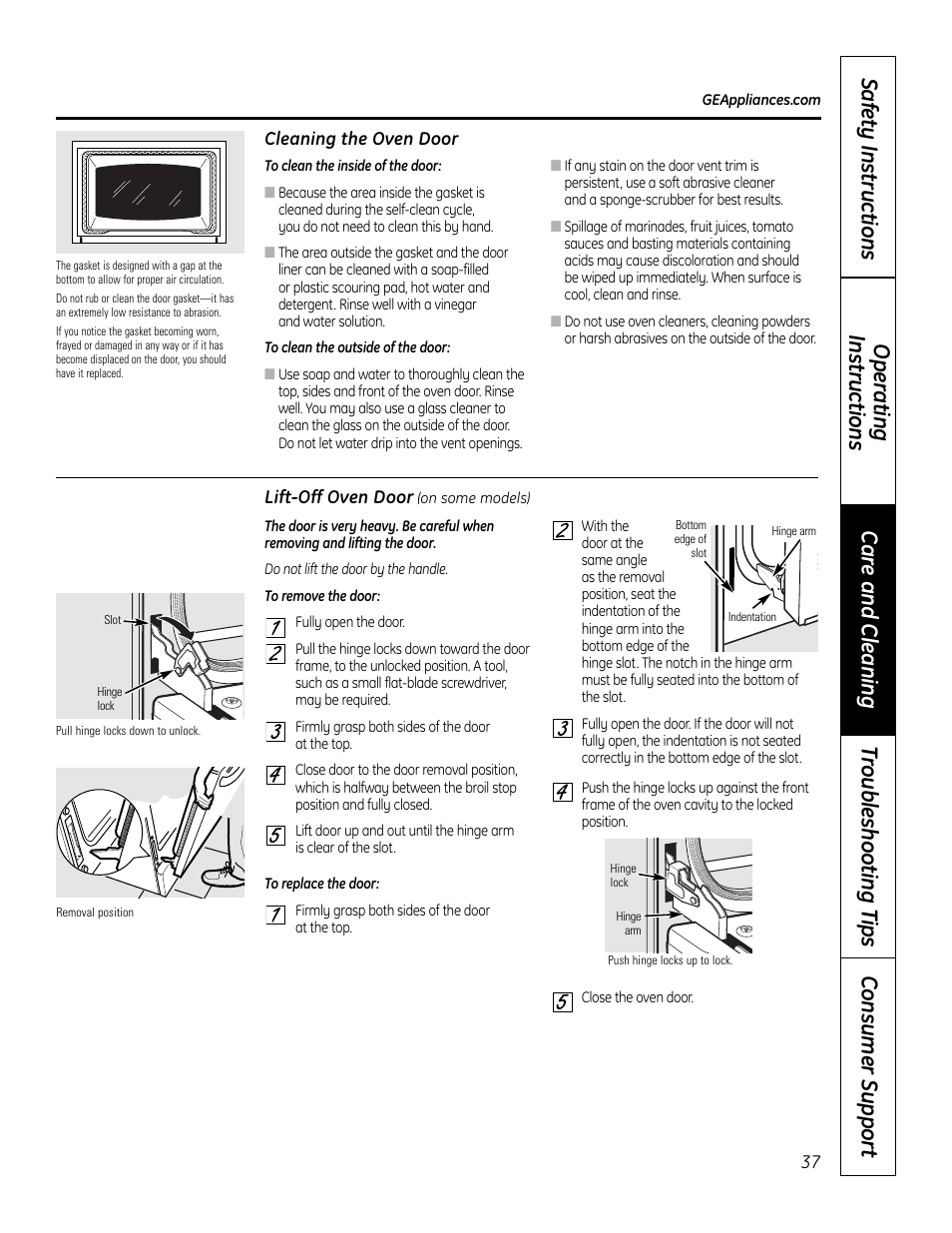 Lift-off oven door, Lift-off oven door , 38 | GE 49-80575-1 User Manual | Page 37 / 104