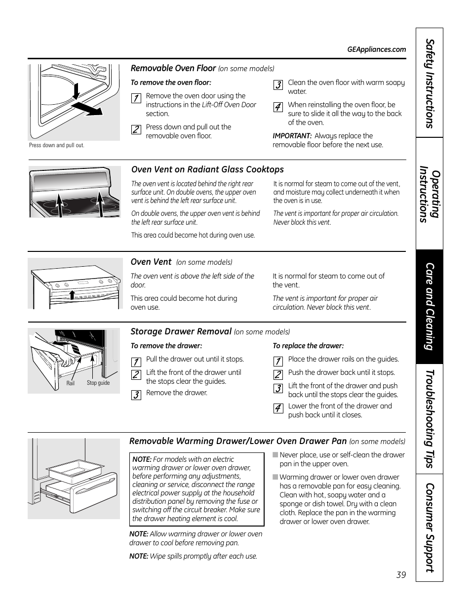 Oven floor, Removable warming drawer/lower oven drawer pan, Storage drawer | Vent, Vent , 39 | GE 49-80575-1 User Manual | Page 39 / 104