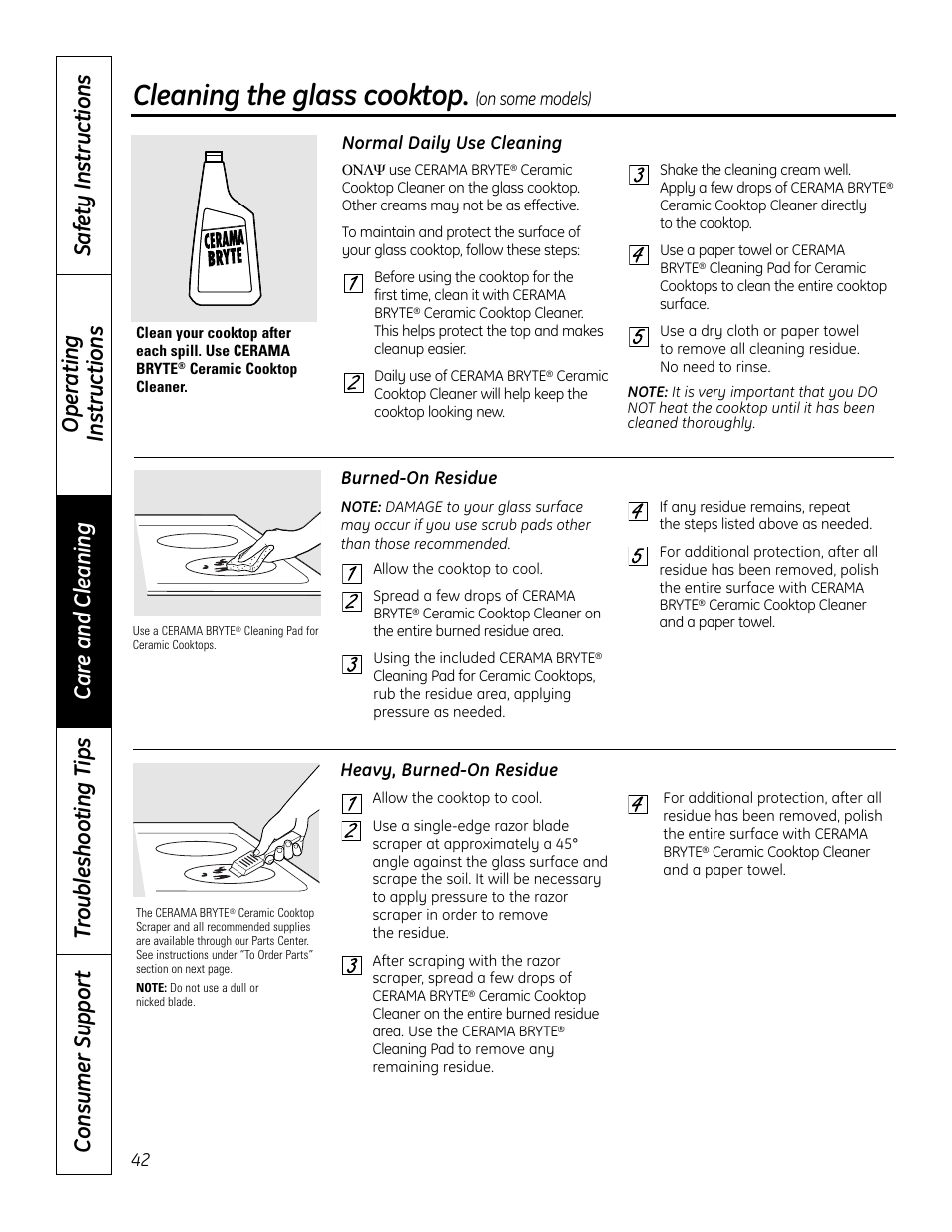 Glass cooktop, Glass cooktop , 43, Cleaning the glass cooktop | GE 49-80575-1 User Manual | Page 42 / 104