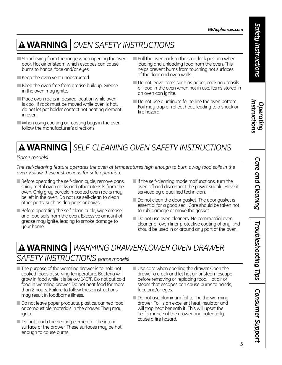 Warning | GE 49-80575-1 User Manual | Page 5 / 104