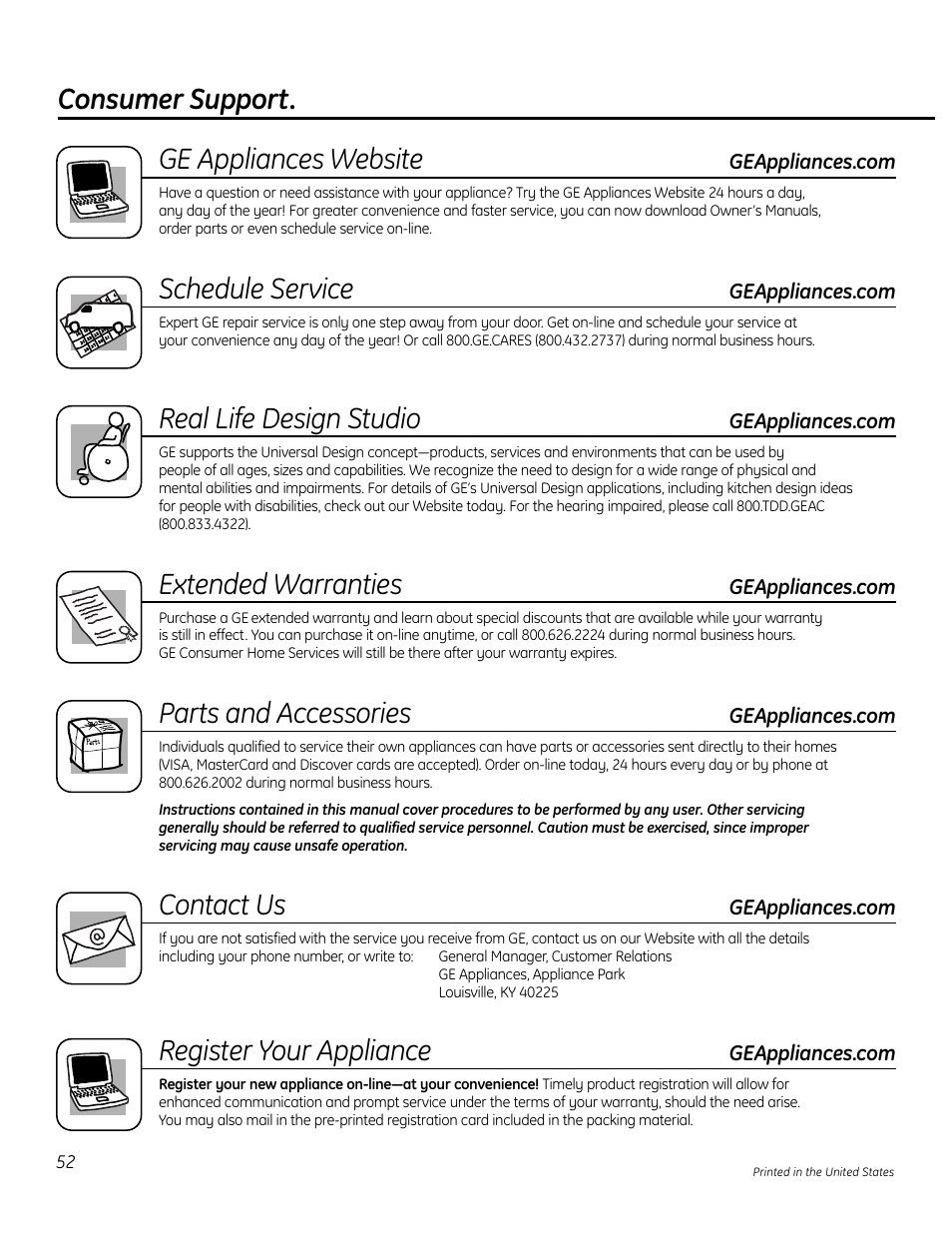 Consumer support, Consumer support. ge appliances website, Schedule service | Real life design studio, Extended warranties, Parts and accessories, Contact us, Register your appliance | GE 49-80575-1 User Manual | Page 52 / 104