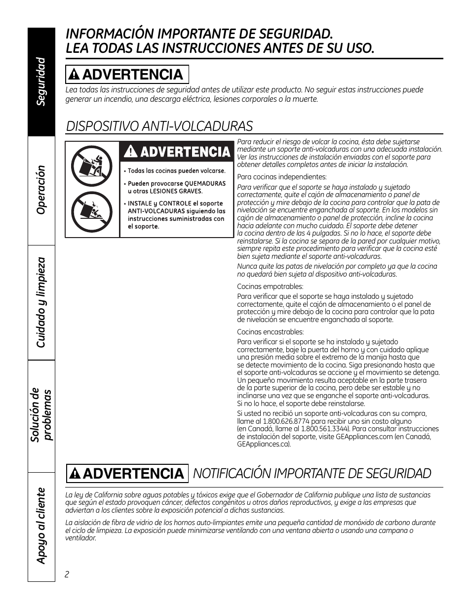 Instrucciones de seguridad, Notificación importante de seguridad, Dispositivo anti-volcaduras | Advertencia | GE 49-80575-1 User Manual | Page 54 / 104