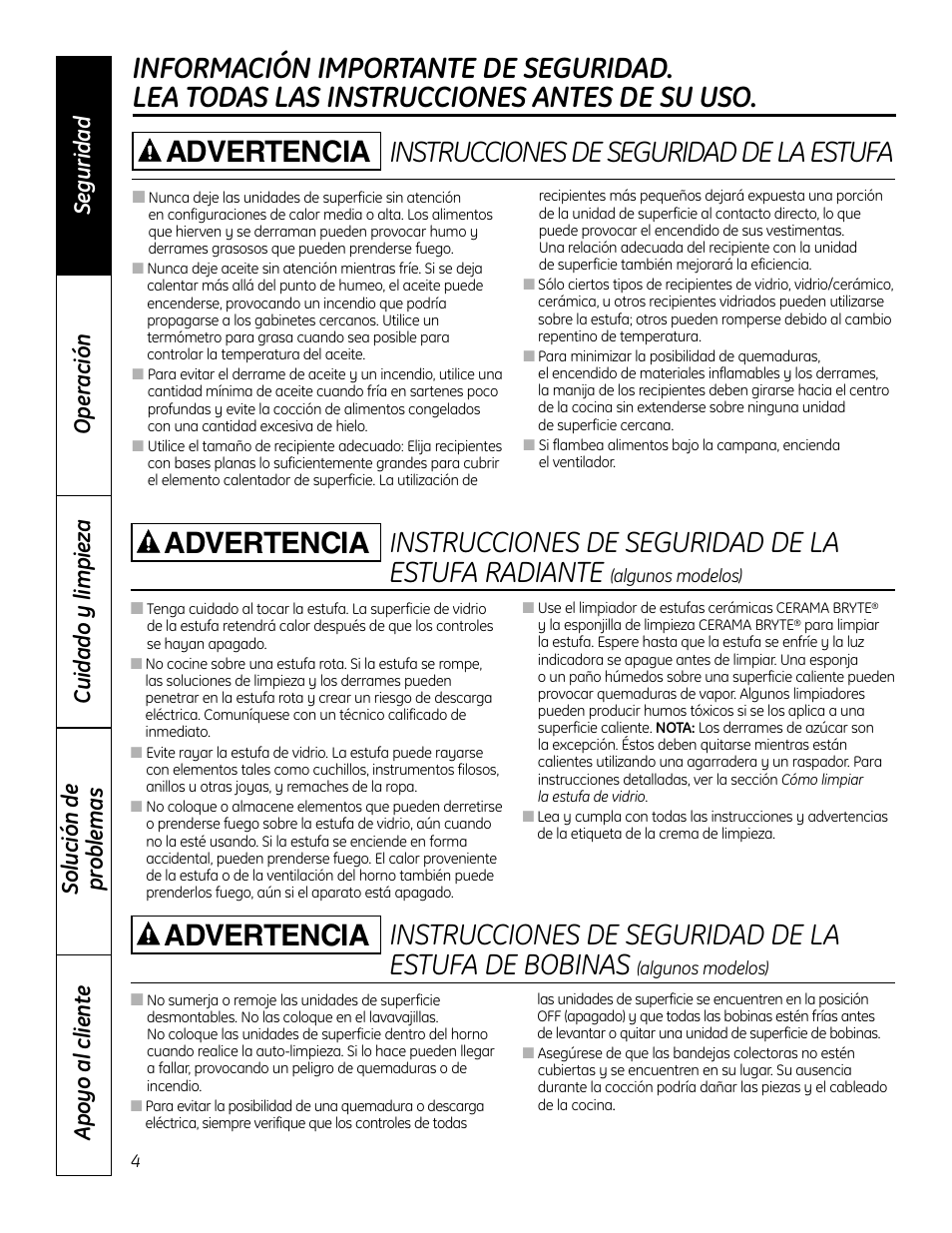 Nstrucciones de seguridad de la estufa radiante, Advertencia | GE 49-80575-1 User Manual | Page 56 / 104