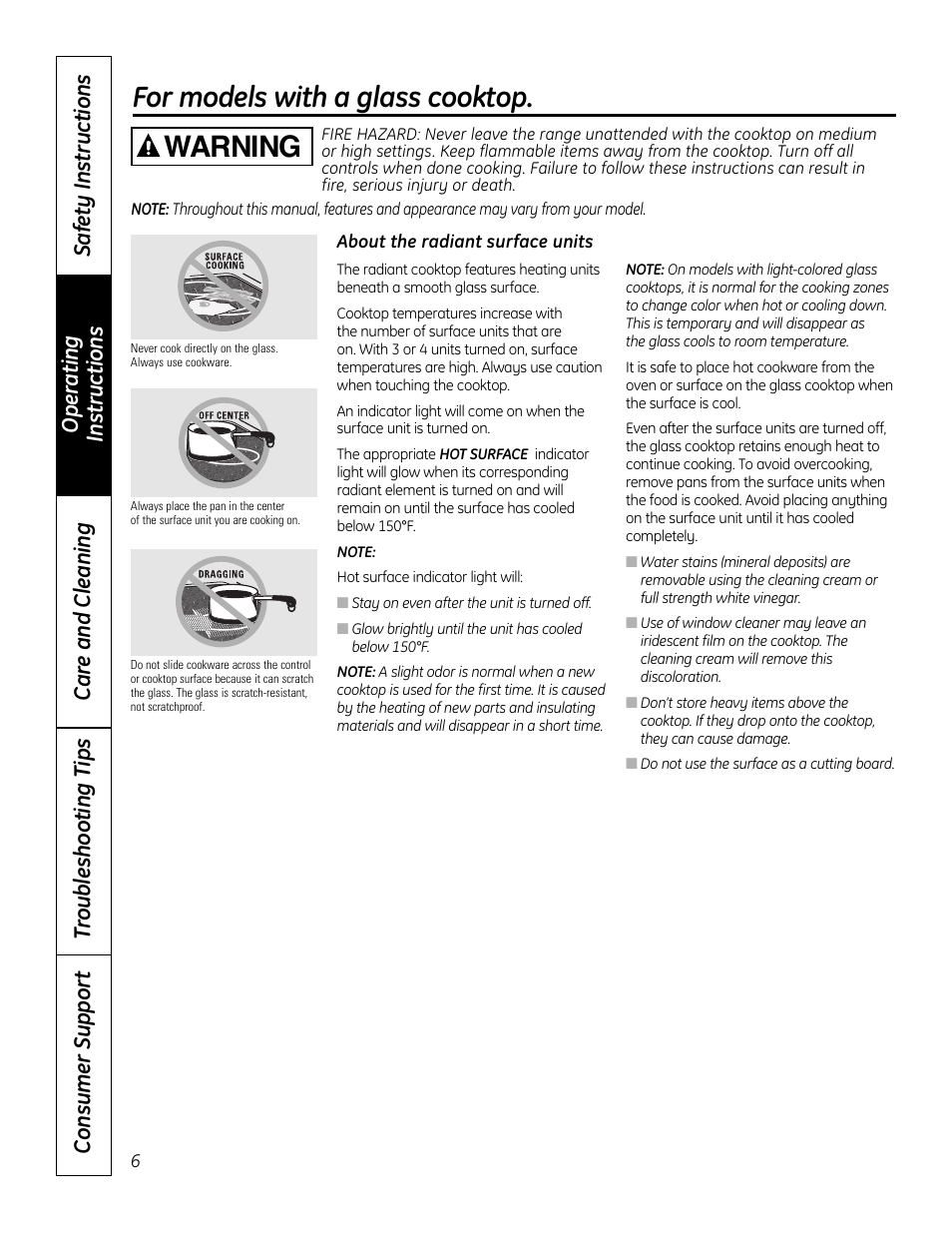 Surface units, Surface units –13, For models with a glass cooktop | Warning | GE 49-80575-1 User Manual | Page 6 / 104