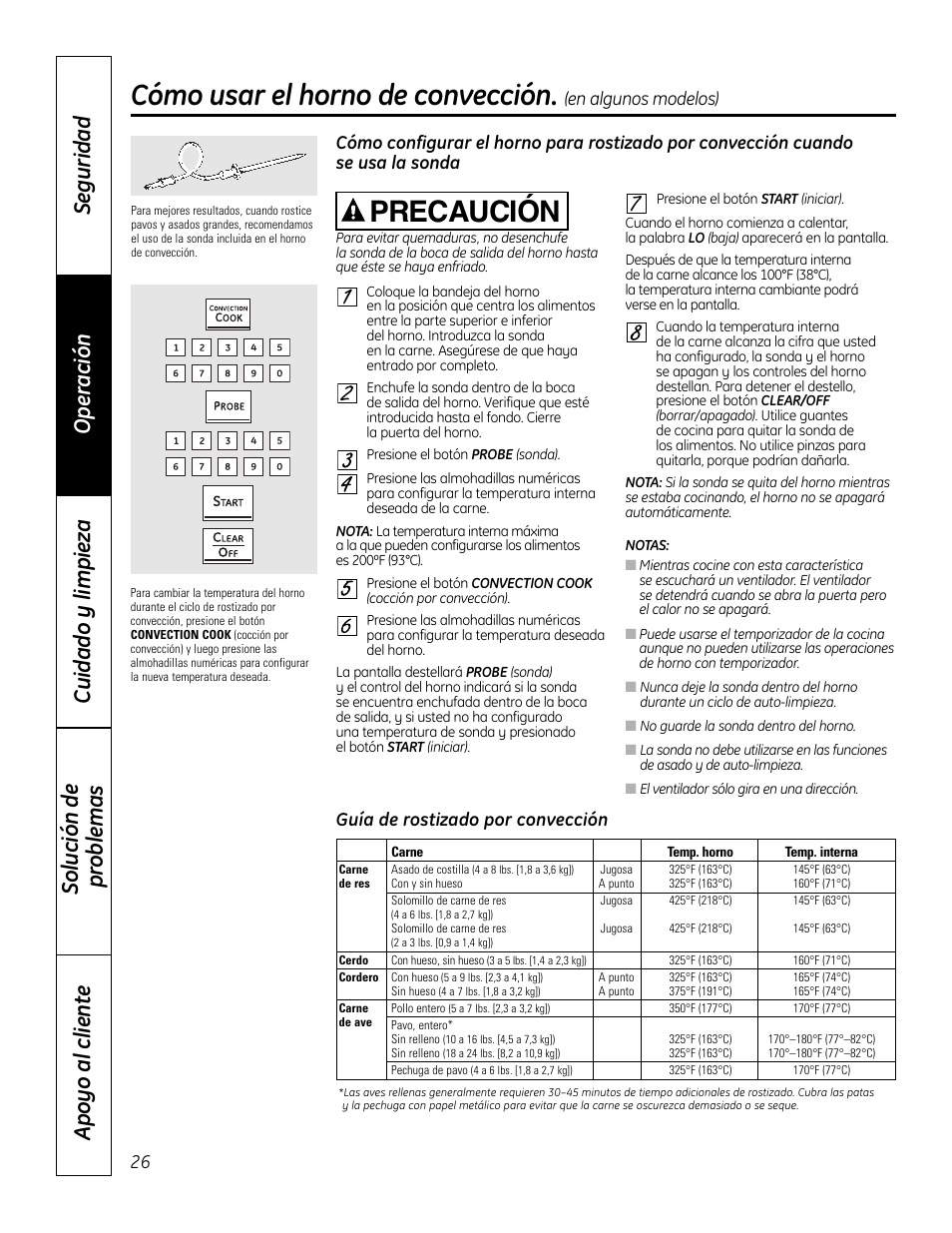 Cómo usar el horno de convección, Precaución, Guía de rostizado por convección 26 | En algunos modelos) | GE 49-80575-1 User Manual | Page 78 / 104