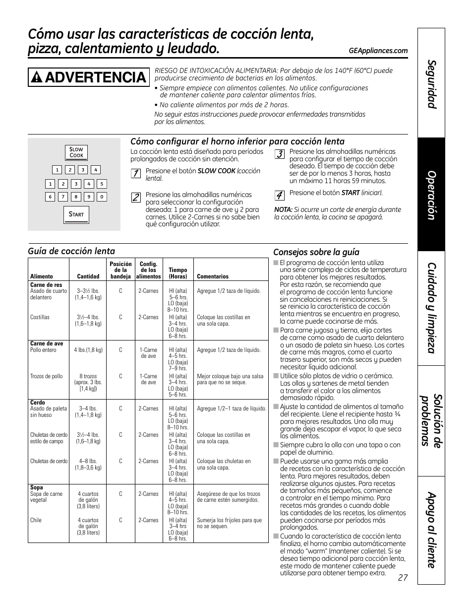 Advertencia, Guía de cocción lenta consejos sobre la guía | GE 49-80575-1 User Manual | Page 79 / 104