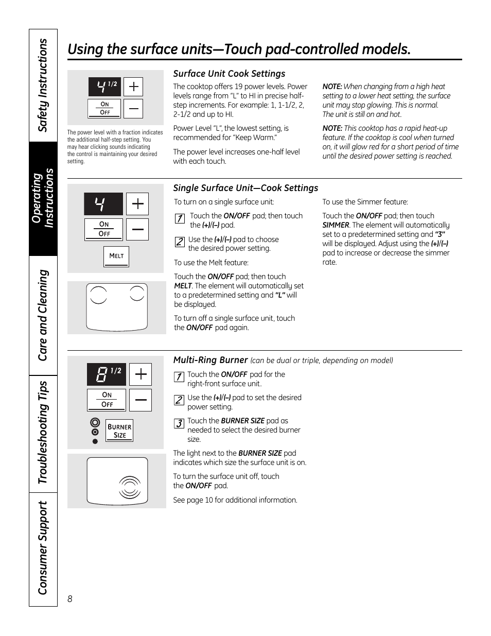Touch pad-controlled models, Touch pad-controlled models , 9 | GE 49-80575-1 User Manual | Page 8 / 104
