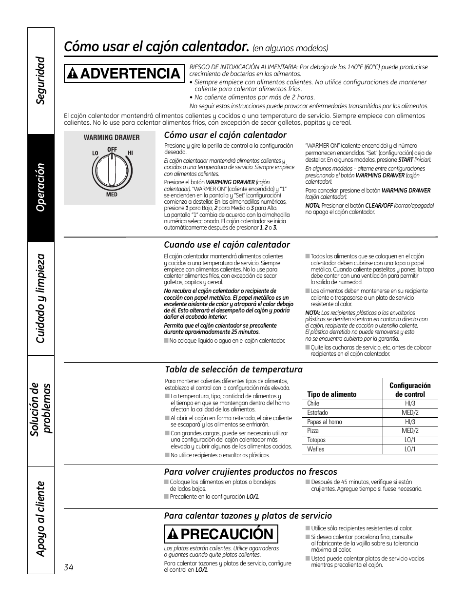 Cajón calentador, Cómo usar el cajón calentador, Advertencia precaución | GE 49-80575-1 User Manual | Page 86 / 104