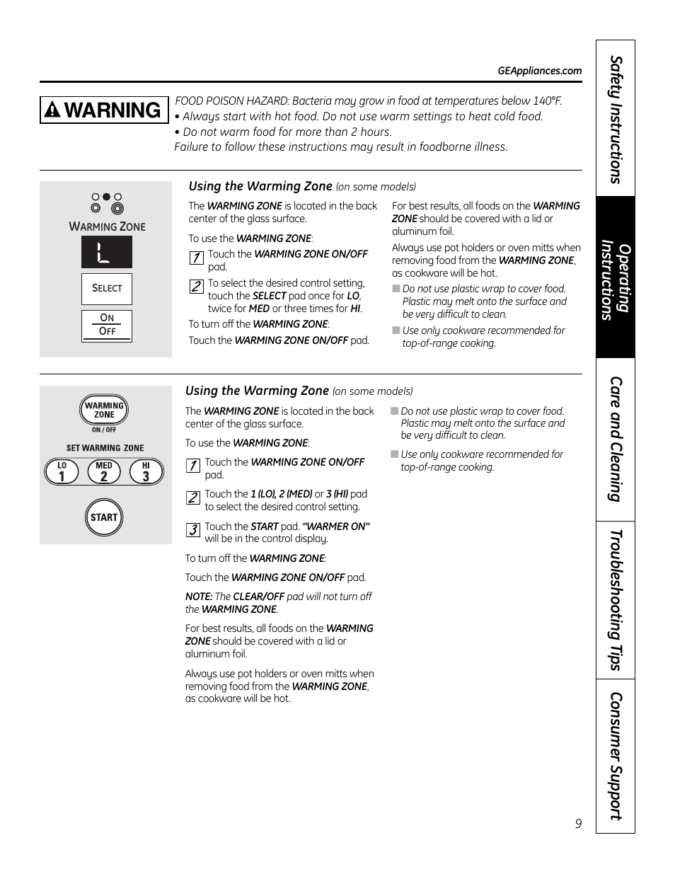 Warning | GE 49-80575-1 User Manual | Page 9 / 104