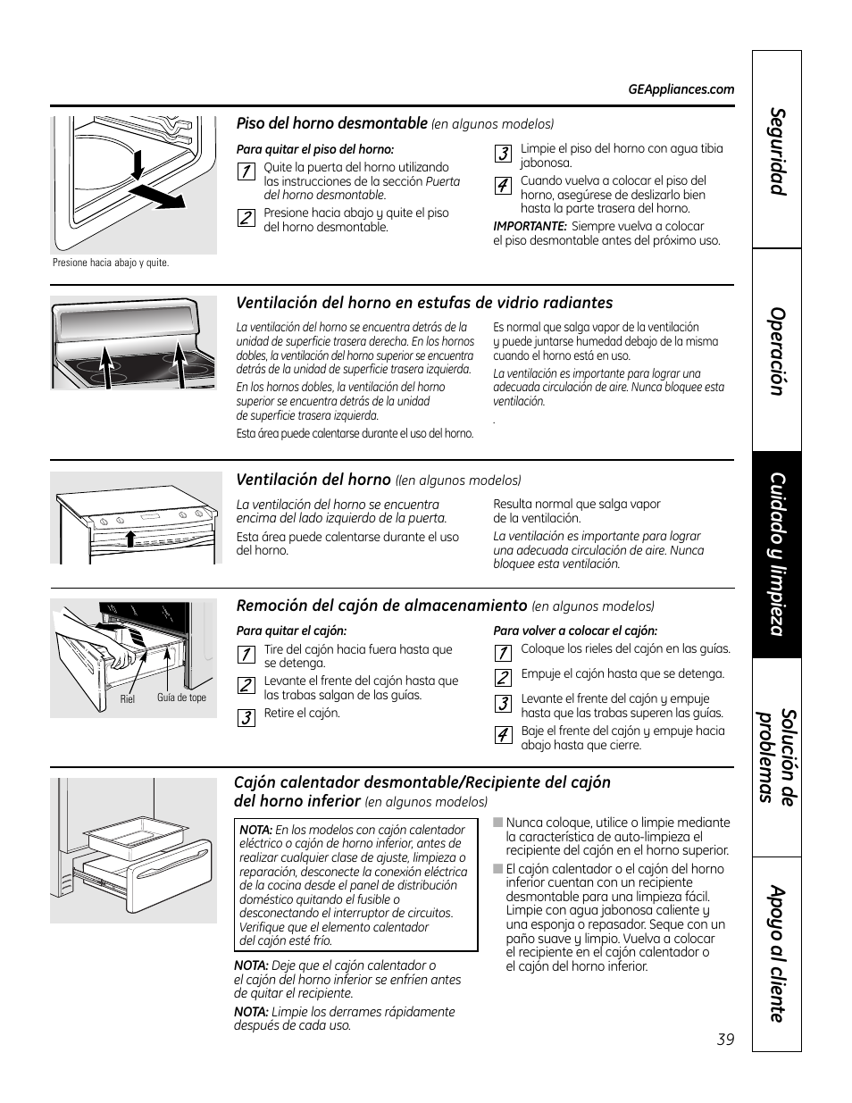 Cajón de almacenamiento, Piso del horno, Ventilación | Ventilación , 39 | GE 49-80575-1 User Manual | Page 91 / 104