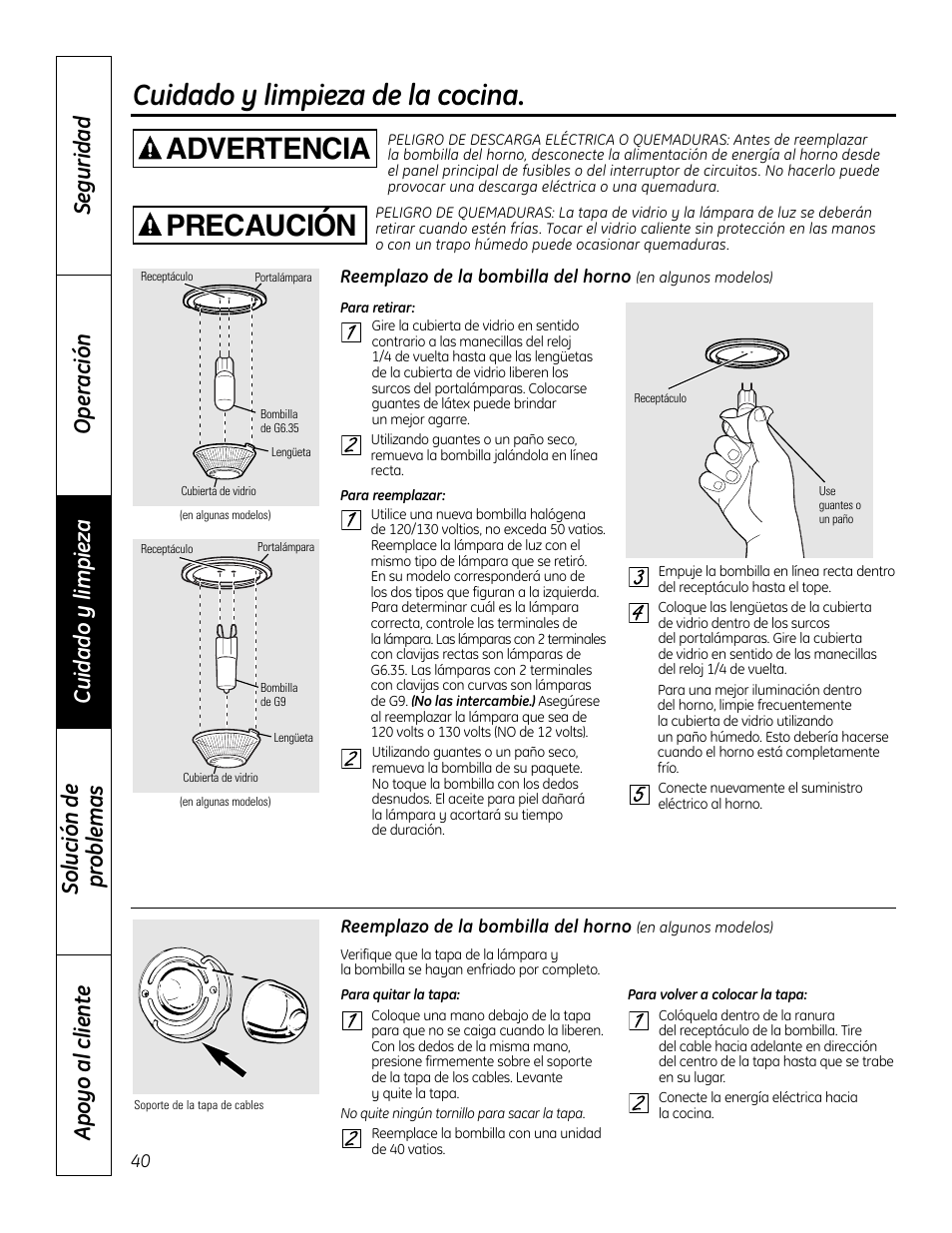 Luz , 41, Cuidado y limpieza de la cocina, Advertencia | Precaución | GE 49-80575-1 User Manual | Page 92 / 104