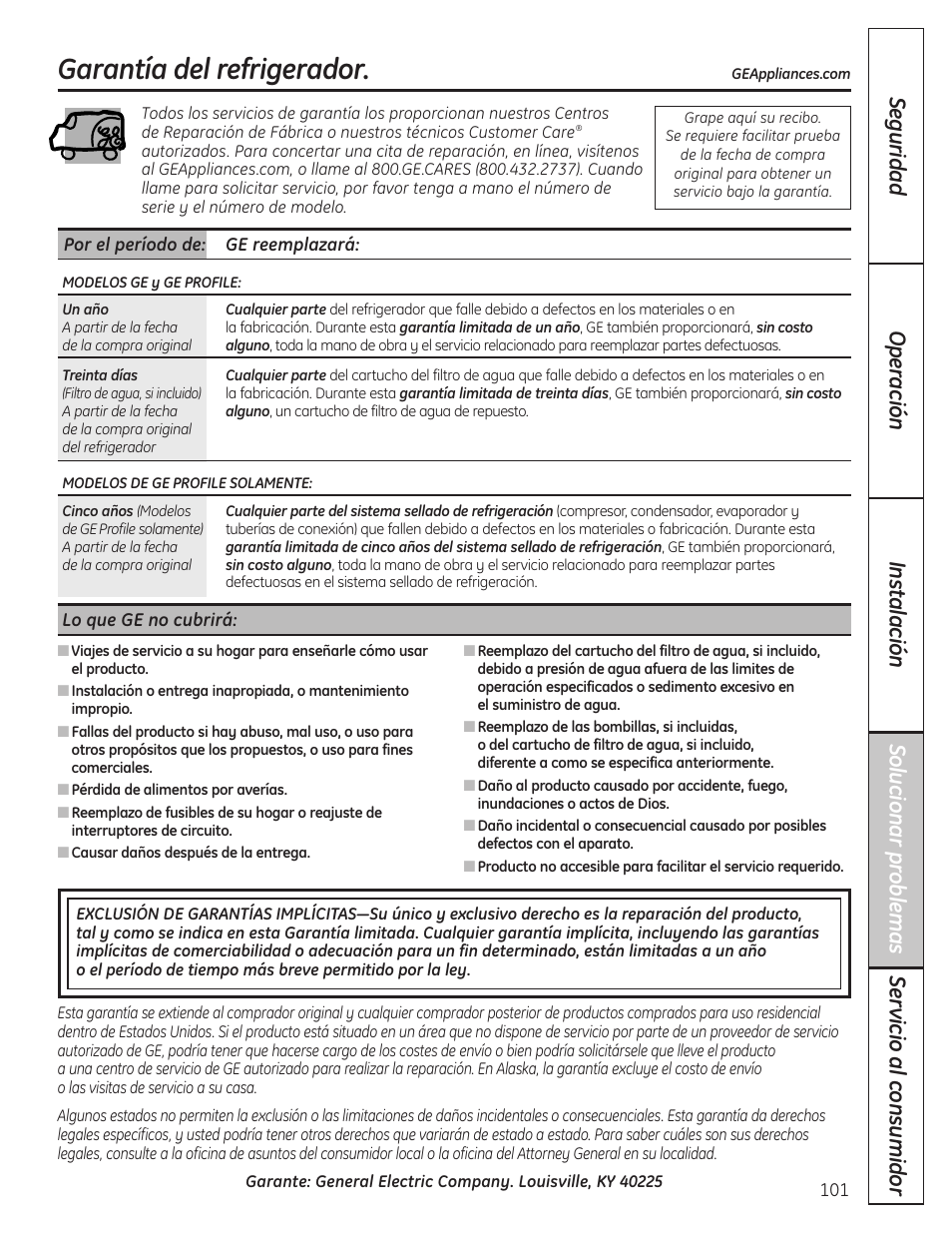 Garantía, Garantía del refrigerador | GE 200D8074P036 User Manual | Page 101 / 104