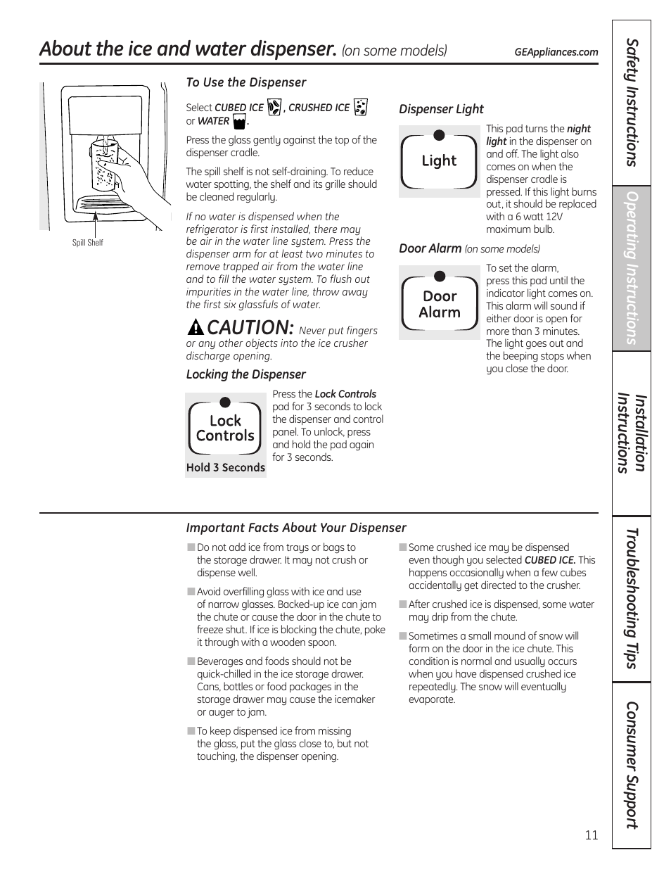 Ice and water dispenser, Ice and water dispenser , 12, About the ice and water dispenser | Caution | GE 200D8074P036 User Manual | Page 11 / 104