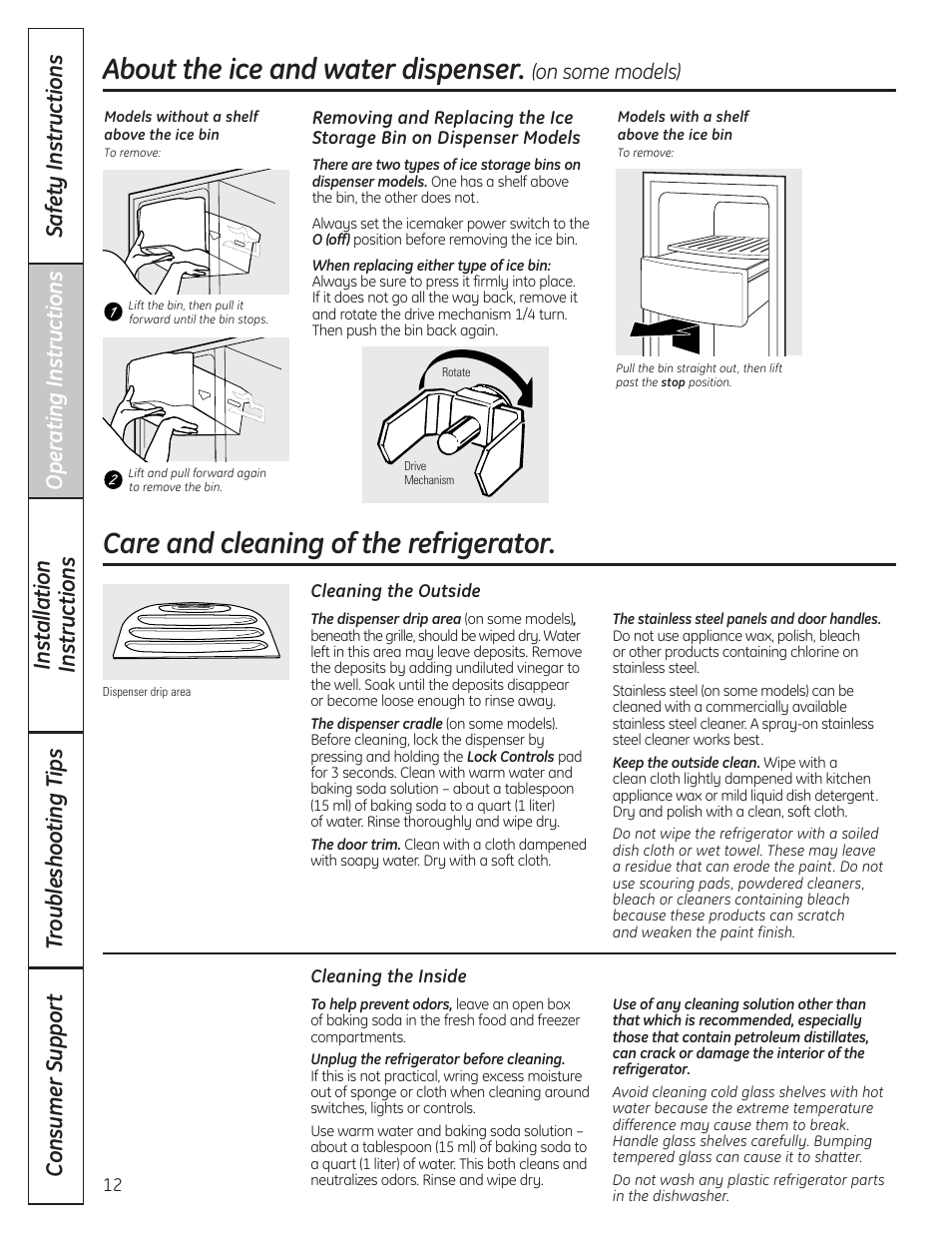 Care and cleaning, Care and cleaning , 13, Care and cleaning of the refrigerator | About the ice and water dispenser, On some models) | GE 200D8074P036 User Manual | Page 12 / 104