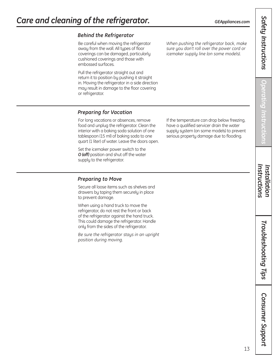 Care and cleaning of the refrigerator | GE 200D8074P036 User Manual | Page 13 / 104