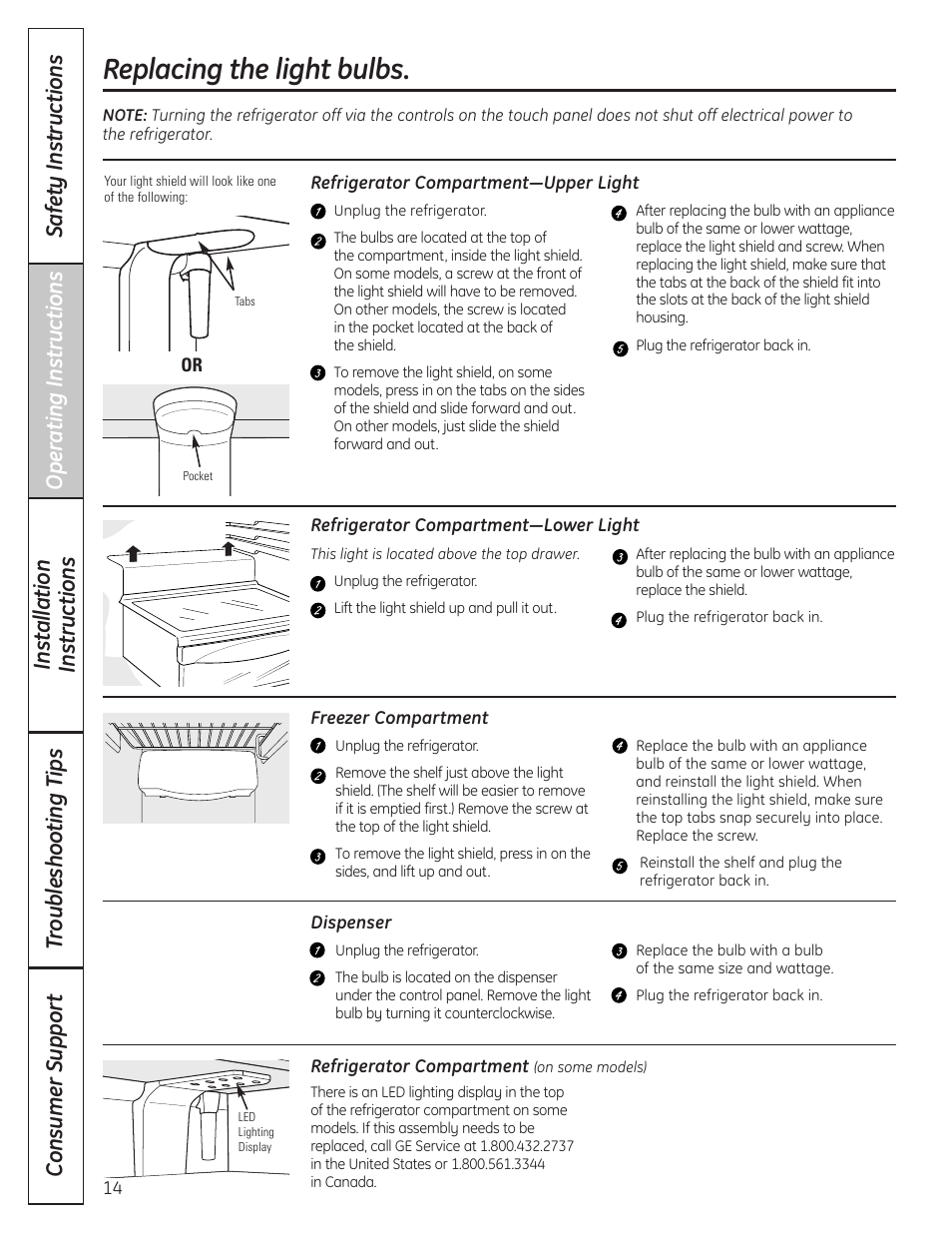 Replacing the light bulbs | GE 200D8074P036 User Manual | Page 14 / 104