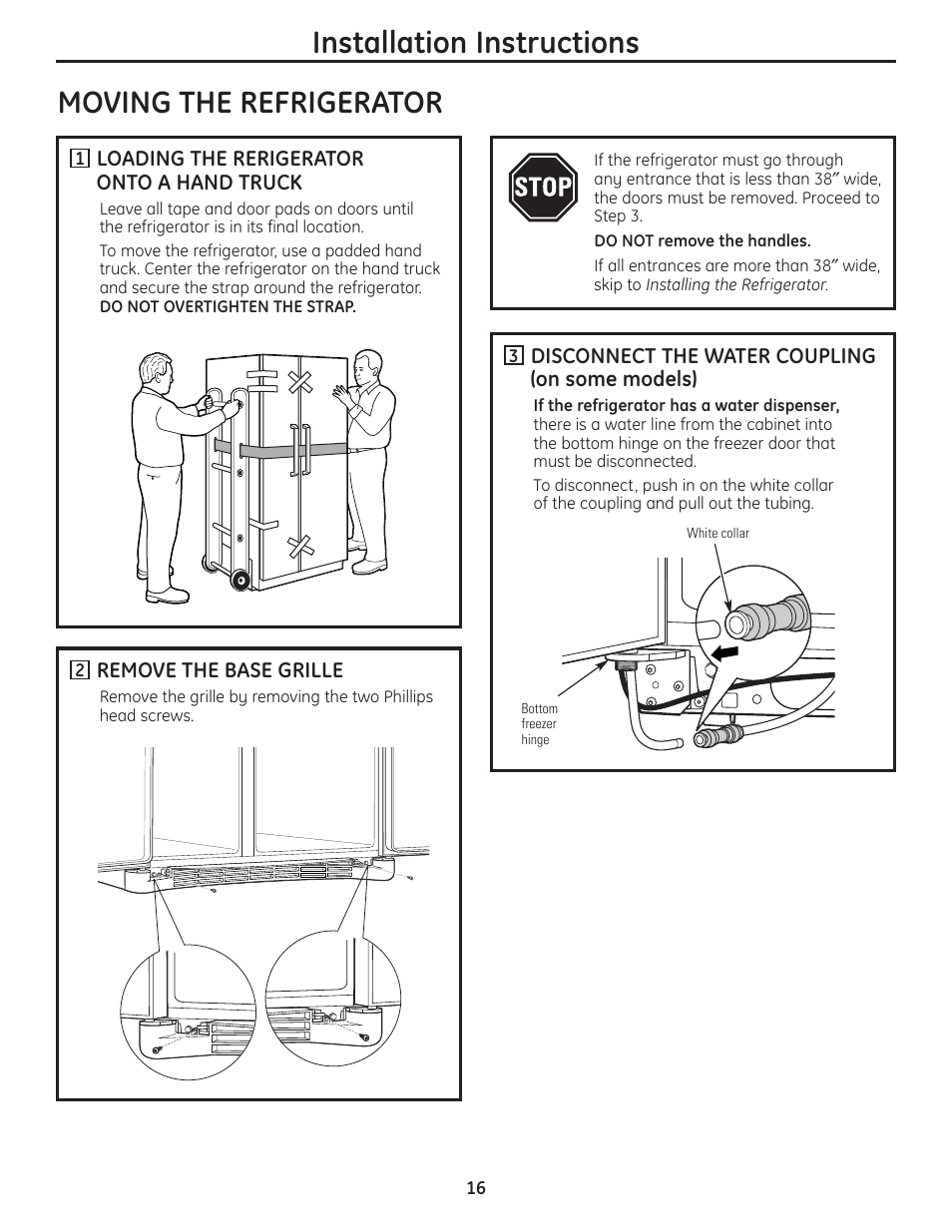 Moving the refrigerator, Moving the refrigerator –19, Installation instructions | GE 200D8074P036 User Manual | Page 16 / 104