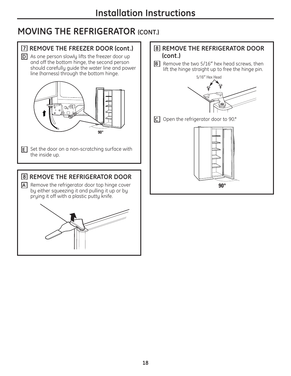 Installation instructions, Moving the refrigerator | GE 200D8074P036 User Manual | Page 18 / 104