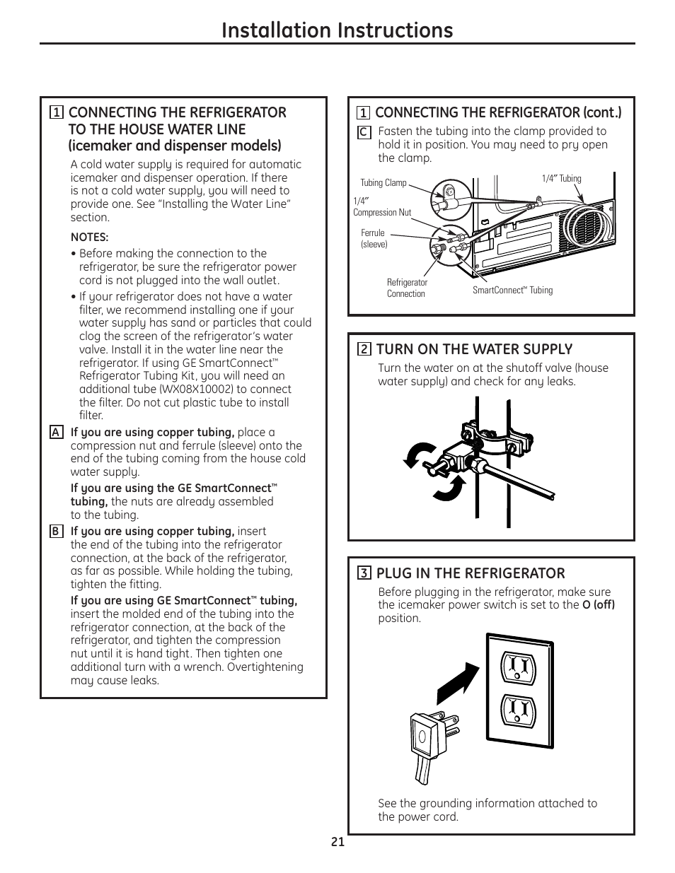 Installation instructions, Connecting the refrigerator (cont.), Turn on the water supply | Plug in the refrigerator | GE 200D8074P036 User Manual | Page 21 / 104