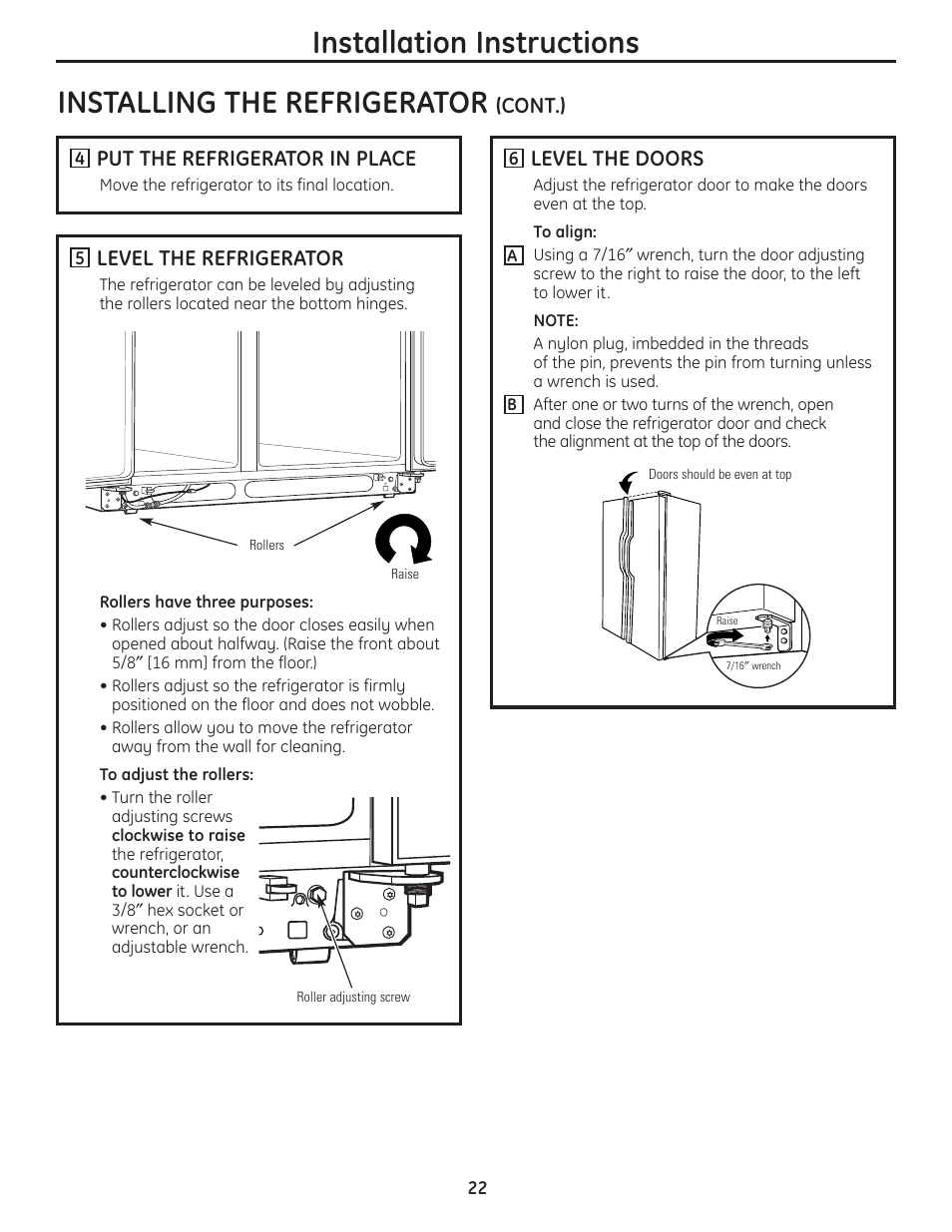 Installation instructions, Installing the refrigerator | GE 200D8074P036 User Manual | Page 22 / 104